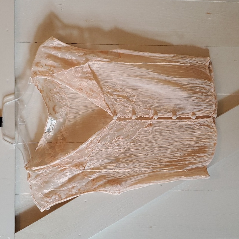 Sheer lacey button up blouse crop top light peach pink